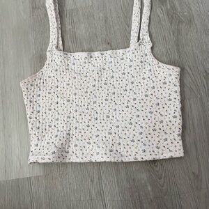 American Eagle Outfitters White Floral Ribbed Tank Top